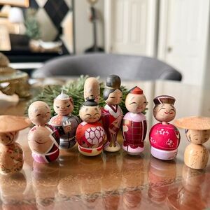 Hand Painted Vintage Wooden Japanese Miniature Kokeshi Dolls Set of 9